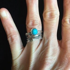 Faux Turquoise Silver Feather Band Ring